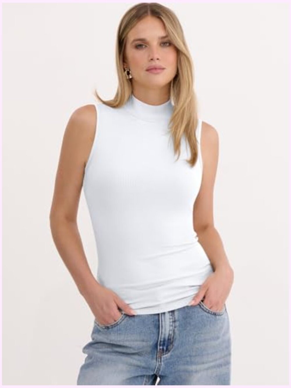 Mock Neck Tank Top Ribbed Knit Sleeveless Slim Fit Summer Basic Layer Tops - Picture 3 of 7